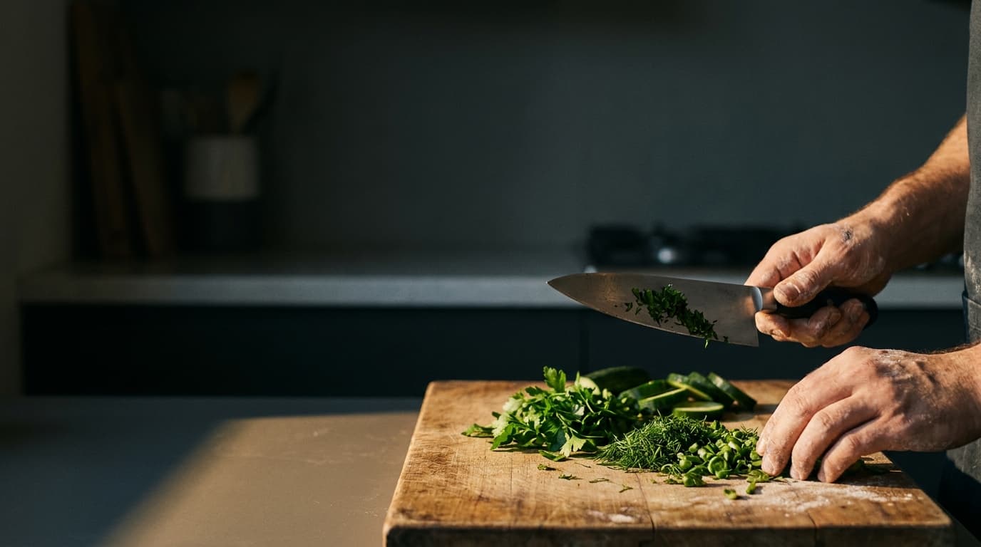Frische Kräuter werden für den Döner geschnitten