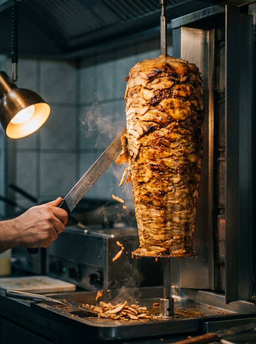Döner wird vom Spieß geschnitten